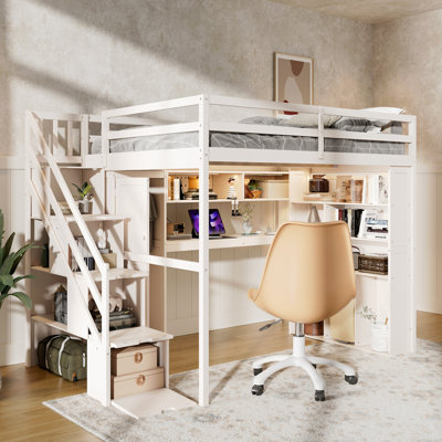 Structure de lit double pleine grandeur avec garde-robe intégrée, bureau d'étude, tablettes et lumières de rangement, conception peu encombrante