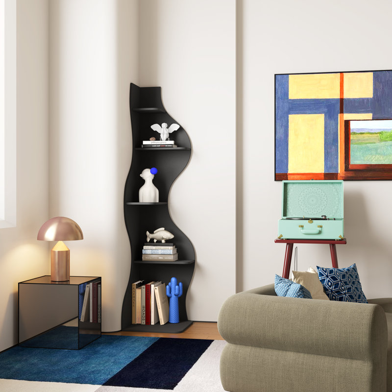 Corner Bookshelf, 5 Tier Modern Wall Shelf Bookcase Small Storage Rack Stylish Accent Wavy For Small Space, Plant Stand, Orange