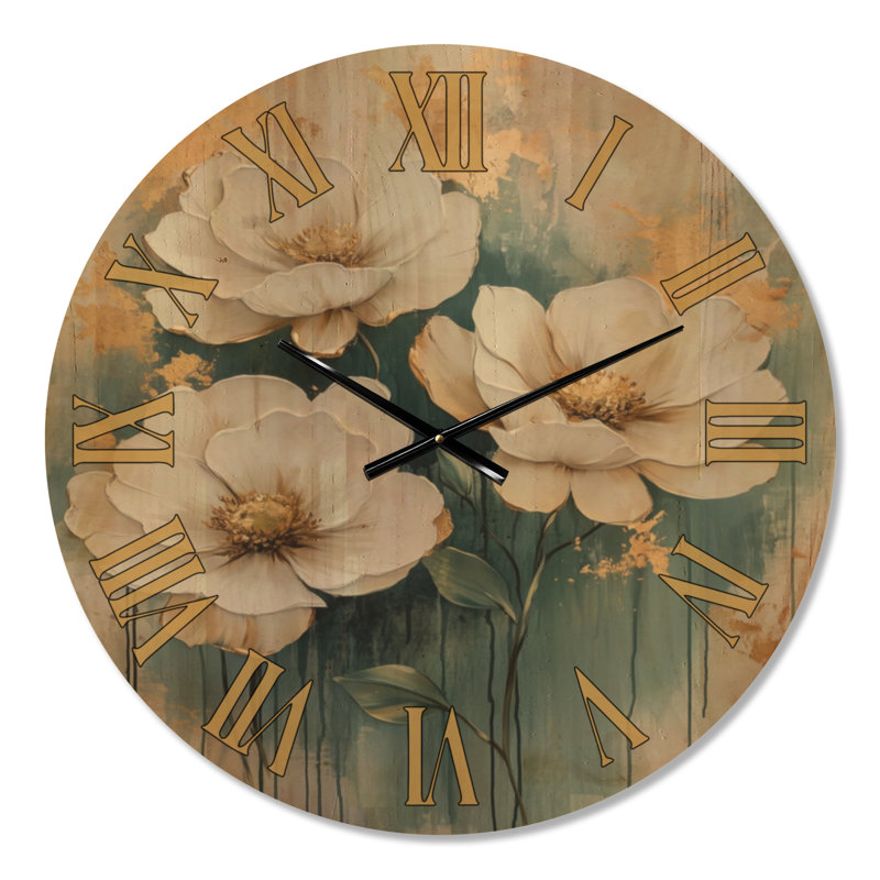 Horloge murale florale Pivoines blanches dorées, imprimée sur bois, Médium