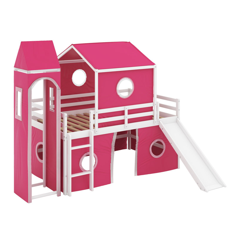 Lit mezzanine double avec tente coulissante et tour, Rose