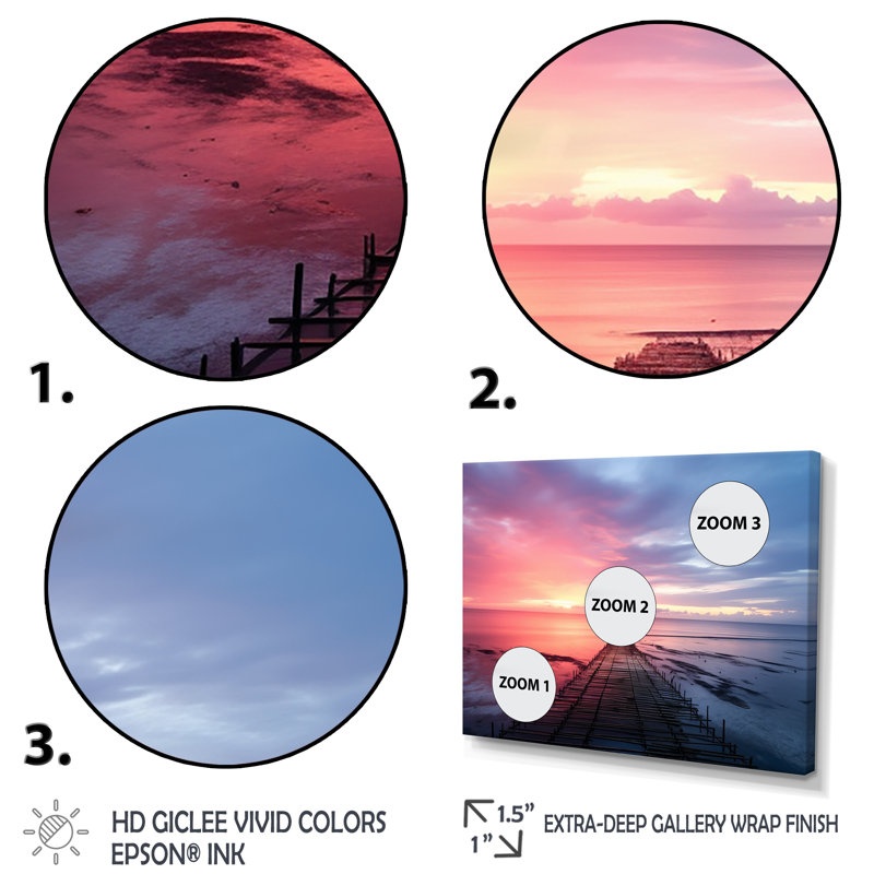 «Pink and Blue Pier» Horizon Sunset II, Cadre flottant noir, H 24 po x l 32 po x P 1 po