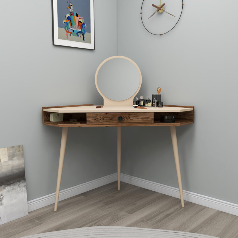 Bristoly Dressing Table with Mirror, Light Walnut/Beige