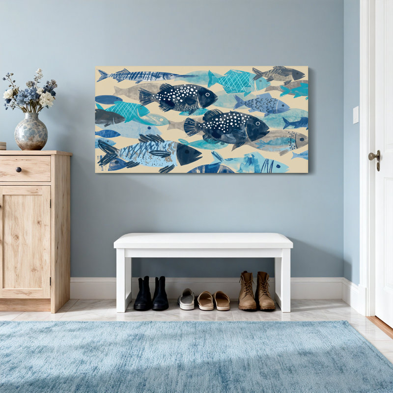 Reproduction d'art aquarelle avec motif de poissons bleus, H 20 po x l 40 po