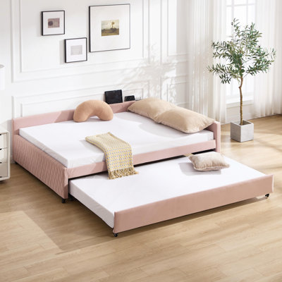 Upholstered Daybed With Trundle,Sturdy Wooden Bed Frame, Diamond Grid Design,For Bedroom, Guest Room