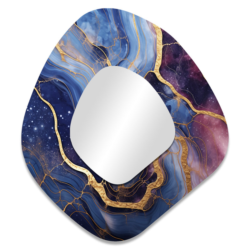 Burchett Blue and gold Abstract Marble Essence I - Marble Asymmetrical Decorative Mirror, Blue Unique Shape Wall Mirror, Printed Metal Art