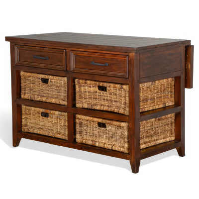 Niza Kitchen Island Table, 27-40In Drop Leaf, 4 Rattan Baskets, Brown