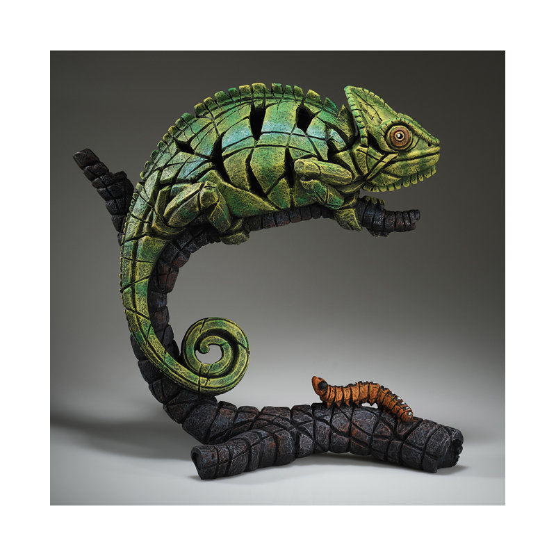 Green and Black Resin Chameleon Figurine with Branch