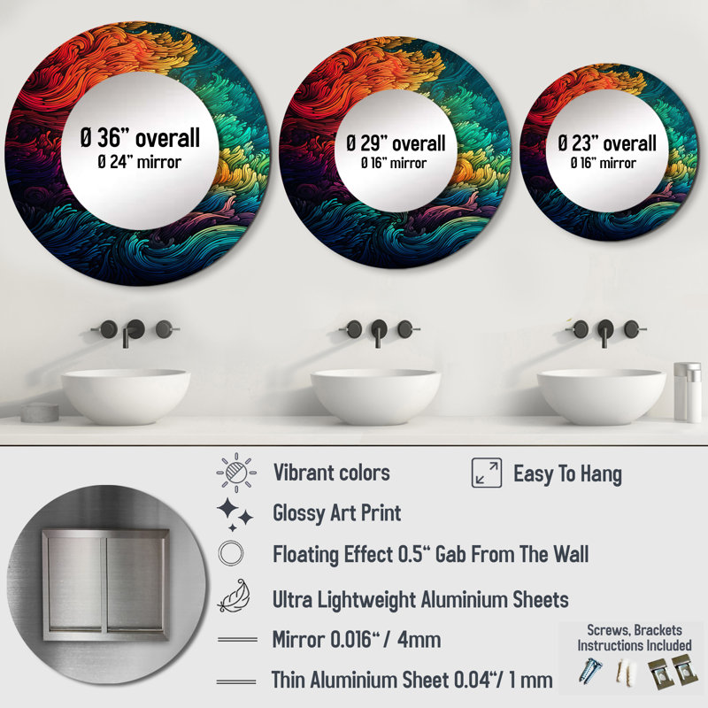 Persaya arc-en-ciel coloré Waves II - miroir mural décoratif, grand miroir moderne, art imprimé en métal, 23 po x 23 po, Rond
