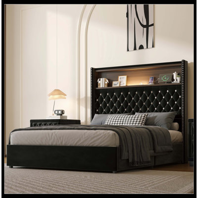 Full Size Velvet Tufted Soft Bed Frame With USB Port And Night Light,52''High Headboard With Rivet Decoration,Wing-Back Platform Bed With Headboard Sh