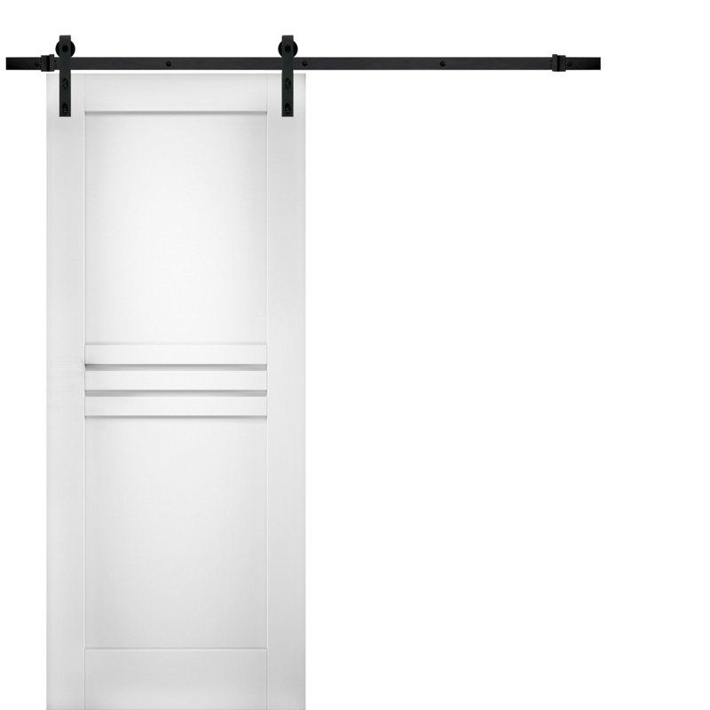 Porte de grange moderne Mela 7444, rail de 2 m (6,6 pi), quincaillerie robuste, portes intérieures à panneaux pleins - 81 cm x 203 cm (32 po x 80 po) - Rail noir