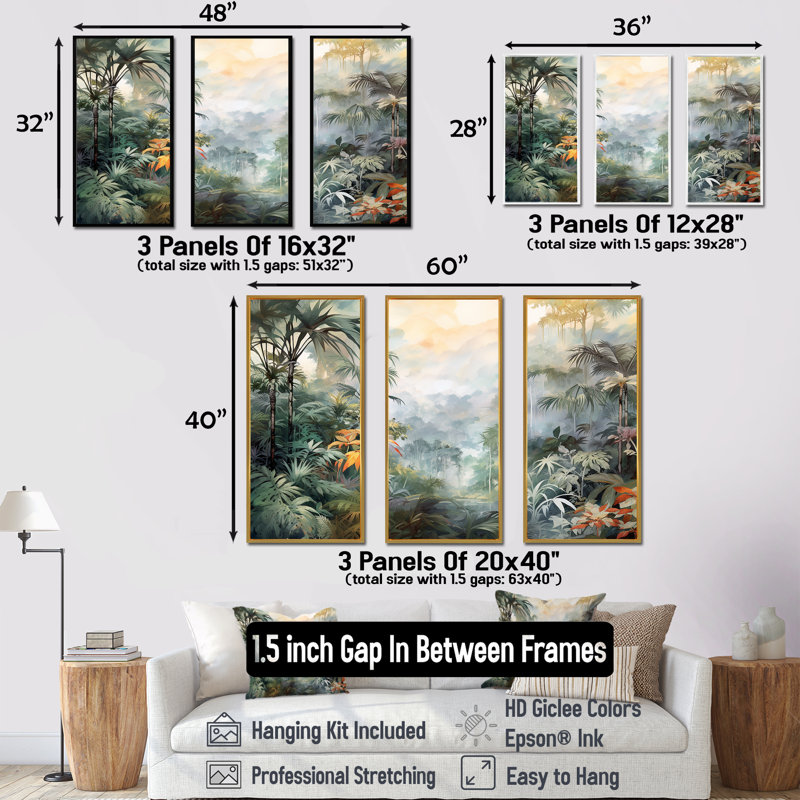 Tropical Wilderness Escape - Jungle, ensemble d'art sur toile, Cadre flottant doré, H 32 po x l 48 po x P 1 po