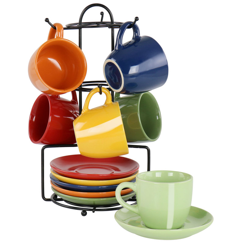 Ensemble de grandes tasses à espresso et soucoupes 13 pièces avec support en métal Gibson Home Color Cafe