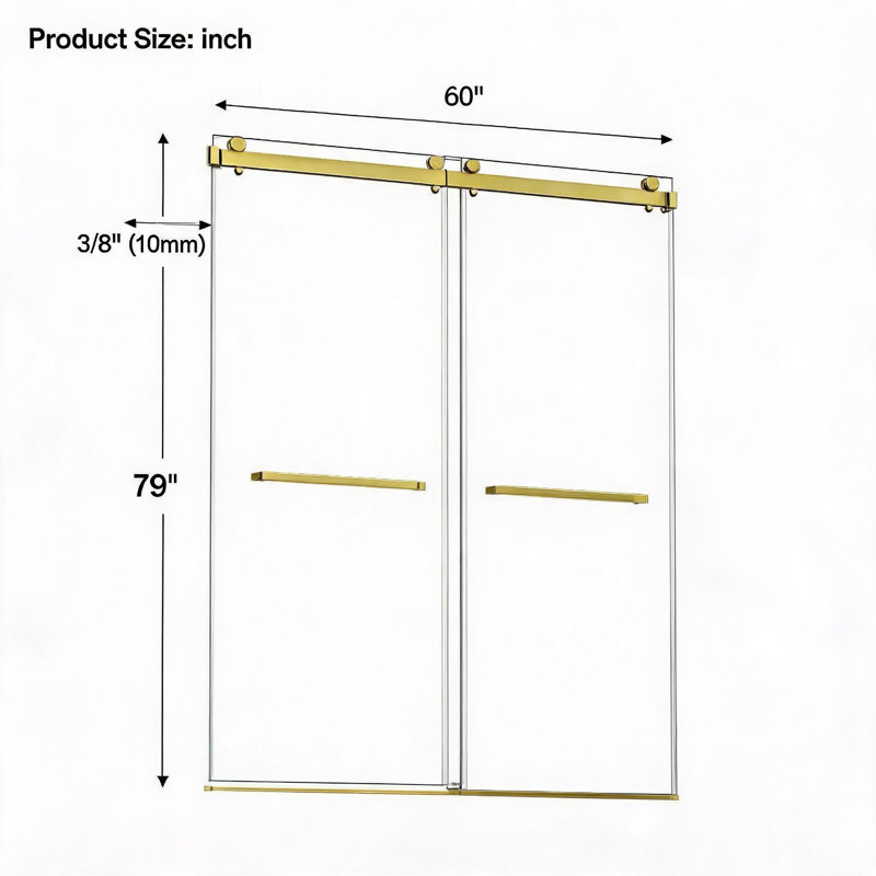 60 inch x 79 inch Brushed Gold Stainless Steel Frameless Double Sliding Shower Door with 3/8 inch SGCC Tempered Glass