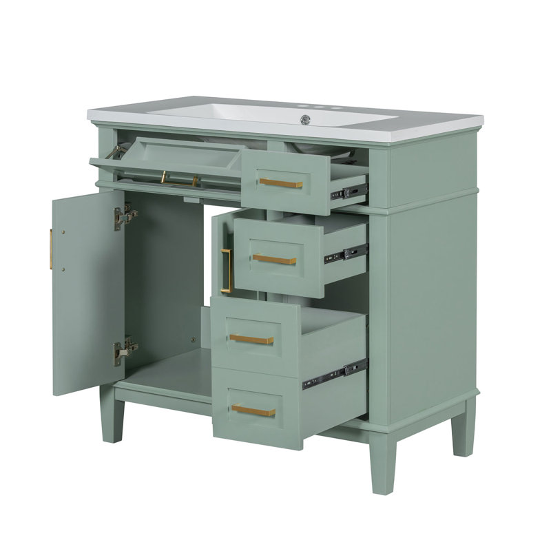  36'' Bathroom Vanity With Ceramic Sink, 4 Drawers for Storage, Green