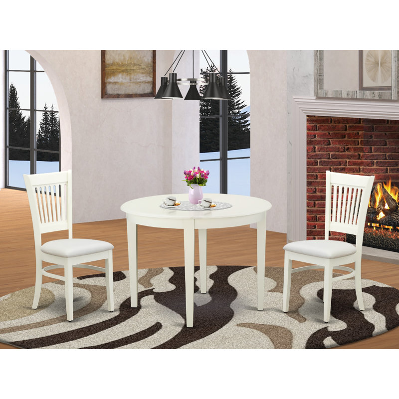 3 Piece Dining Room Furniture Set Contains a Round Dining Table and 2 Linen Fabric Upholstered Chairs, 42x42 Inch, Linen White