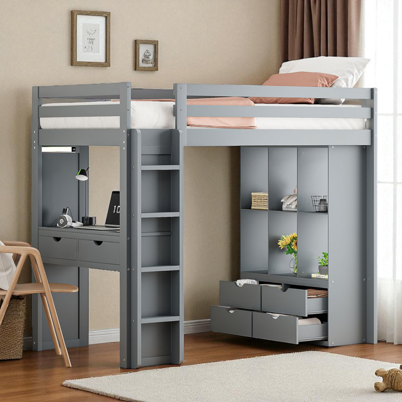 Lit mezzanine avec bureau intégré et rangement, Gris, Simple