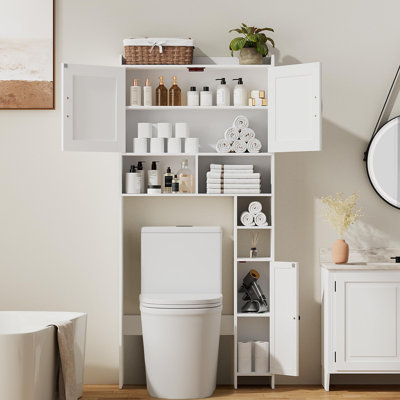 Armoire de rangement au-dessus de la toilette avec 2 portes de grange et porte-papier hygiénique, économiseur d'espace autoportant pour la salle de bain