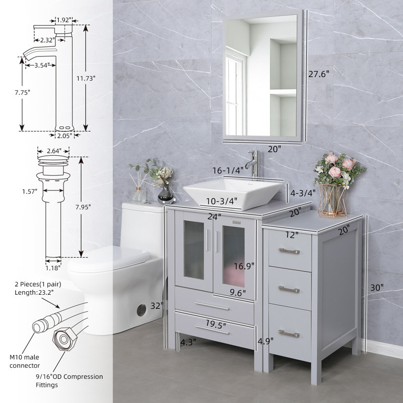  36" Single Bathroom Vanity Set with Vessel Sink, Manufactured Wood Top, Faucet, Drain, Gray, Gray