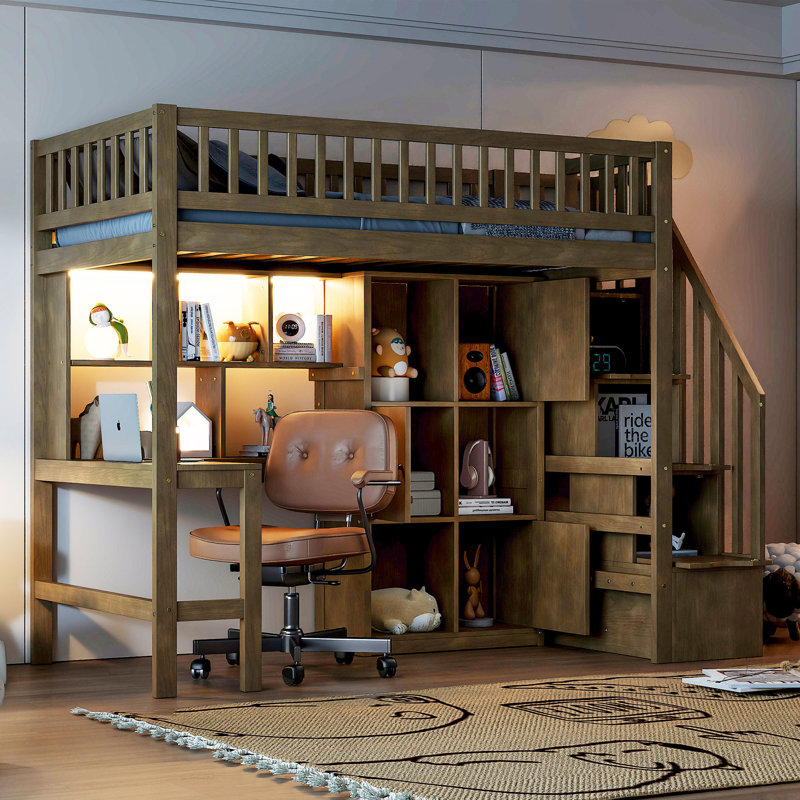 Wood Twin Size Loft Bed with Built-in Desk, LED, Storage Shelves, Cabinets and Staircase, Walnut