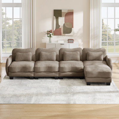 Canapé en L surdimensionné à 4 places en chenille avec 4 coussins de taille exquise et 1 repose-pieds mobile, conception incurvée ergonomique, canapé modulaire facile à assembler pour le bureau du salon, café
