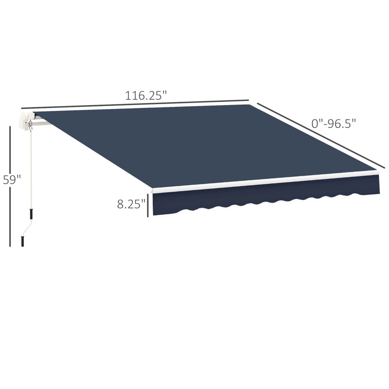 Auvent de balcon 10 pi x 8 pi - rétractable, bleu et eau - avec cadre en aluminium et manivelle manuelle pour patio, terrasse, cour