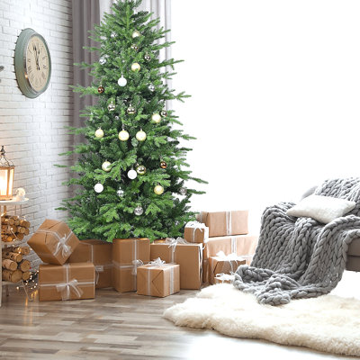 Arbre de Noël vert en PVC + PE avec 919 pointes - Arbre à charnières plein et luxuriant avec support en métal, assemblage facile, conception d'aiguille mixte réaliste