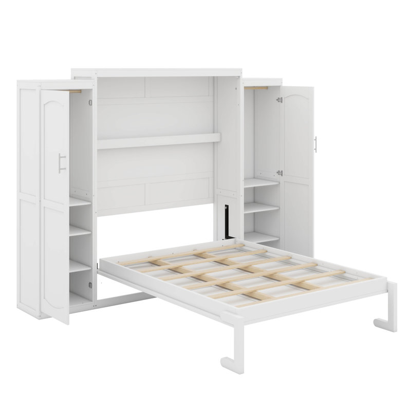 Armoire murale pleine grandeur avec lit escamotable avec 2 garde-robe et tablette de rangement, lit escamotable mural en bois Murphy, cadre de lit plateforme pliable multifonctionnel pour chambre d'amis