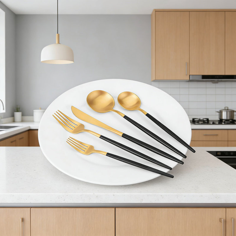 Ensemble de couverts 20 pièces en acier inoxydable pour 4 personnes, ensemble de couverts or mat et noir satiné avec revêtement PVD, vaisselle durable allant au lave-vaisselle pour la maison et le restaurant