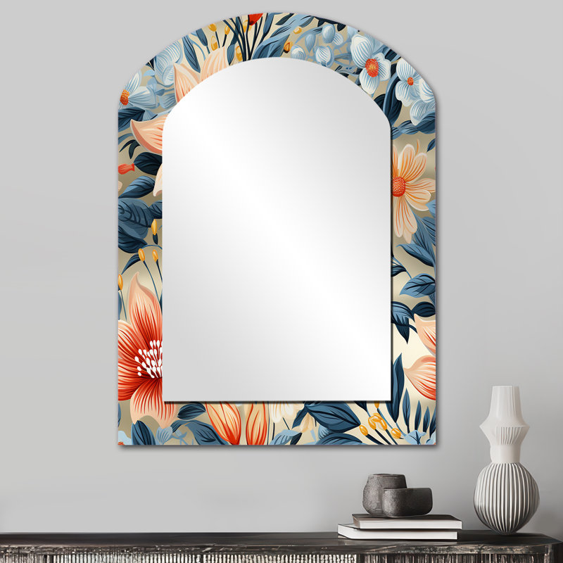 Motif botanique floral terre cuite et bleu Shearson - grand miroir asymétrique floral, décor de miroir mural Cottage Arch