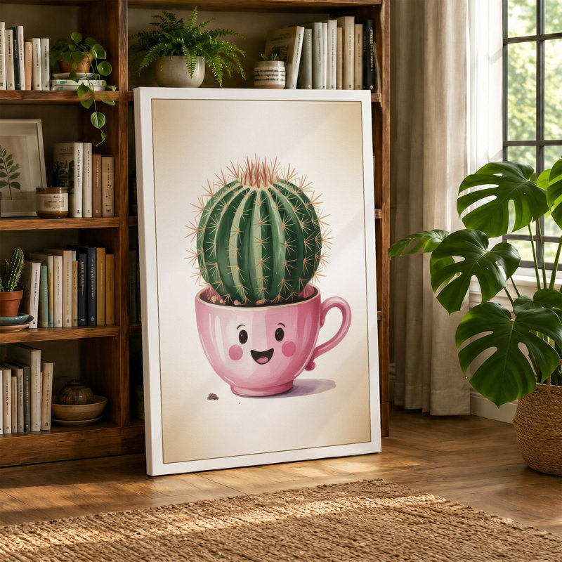 Smiling Cactus Companion Botanical - Wrapped Canvas, 18x12 - 45.7 x 30.5 cm, Taupe Border