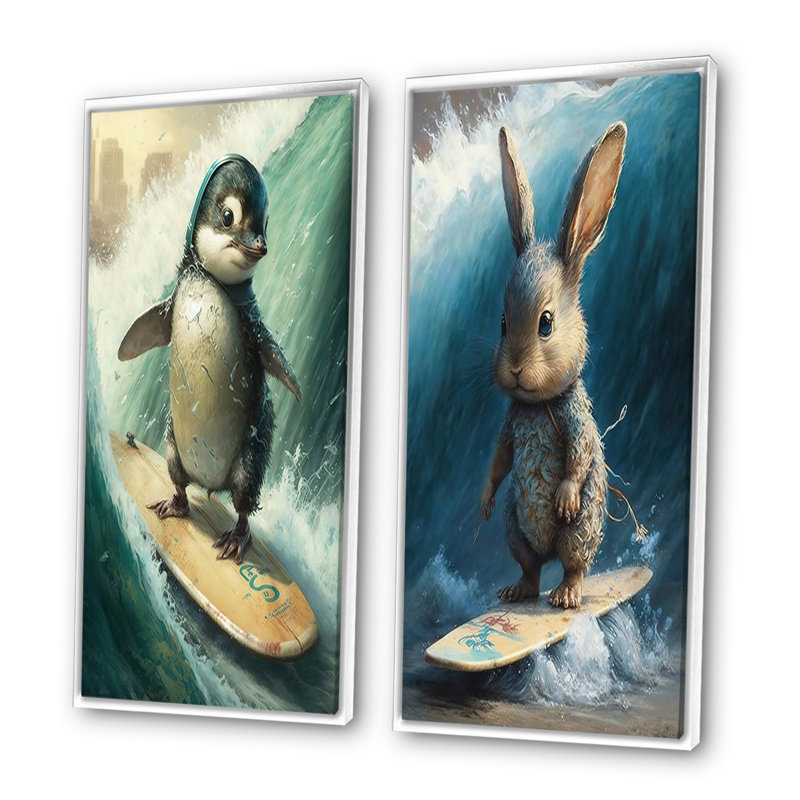 «Bird Surfing», 2 pièces sur toile, Cadre blanc, H 40 po x l 40 po