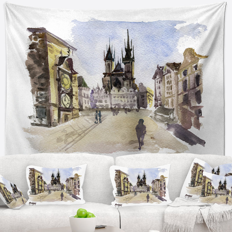 Cityscape painting prague illustration dessiné main tapisserie, H 50 po x l 60 po