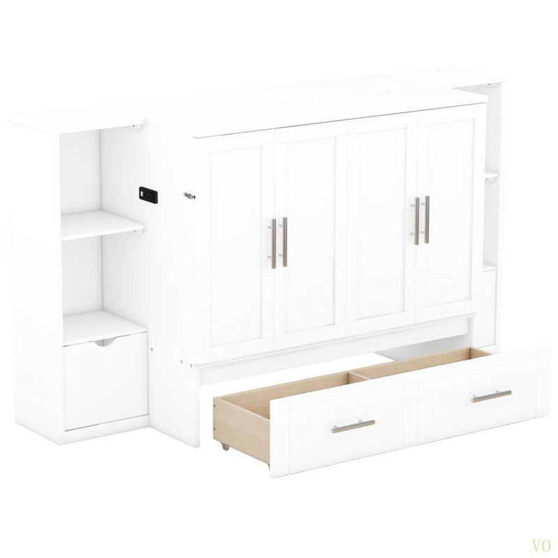 Grand lit escamotable avec tablettes, tiroirs et ports USB