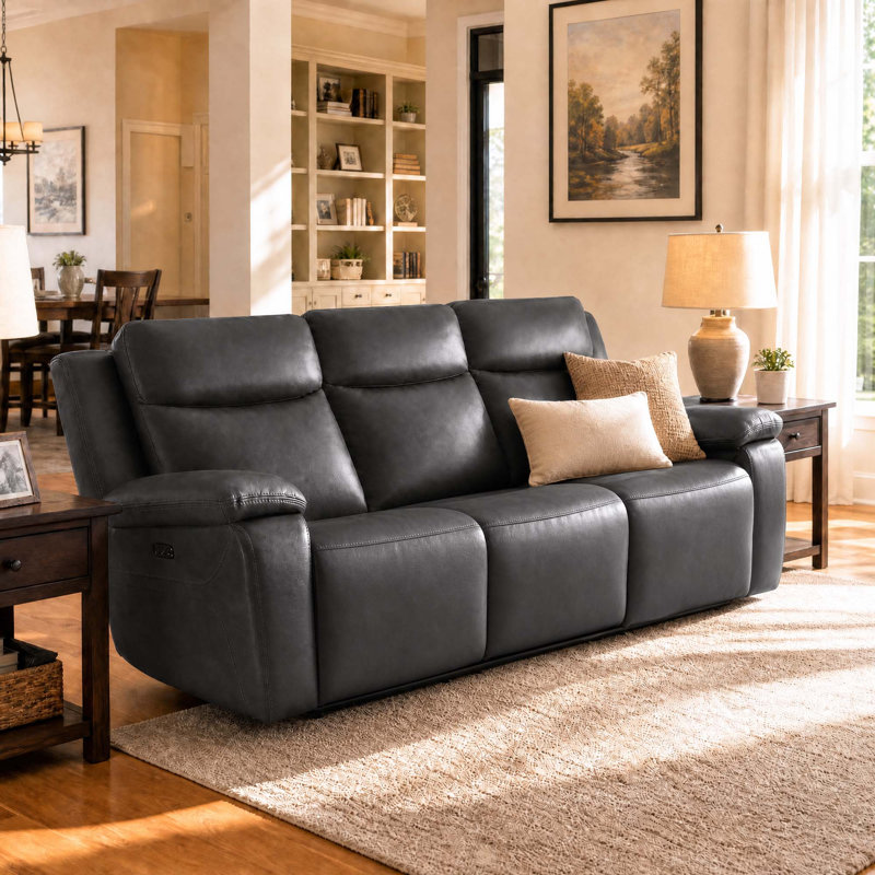 Kenol 88.2'' Wide Gray Genuine Leather Power Reclining Sofa with Adjustable Headrest, Gray