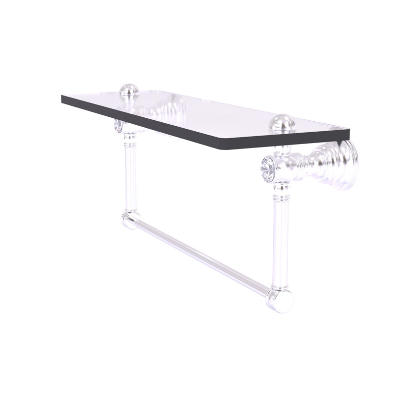Freyja Glass Bracket Shelf with Towel Bar, Satin Chrome, 5.54" H x 16" W x 7" D