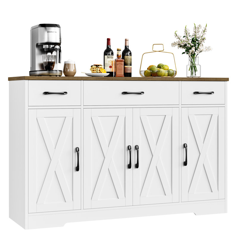 Buffet 55,1 po à 3 tiroirs et tablettes réglables Adra, Noyer/blanc