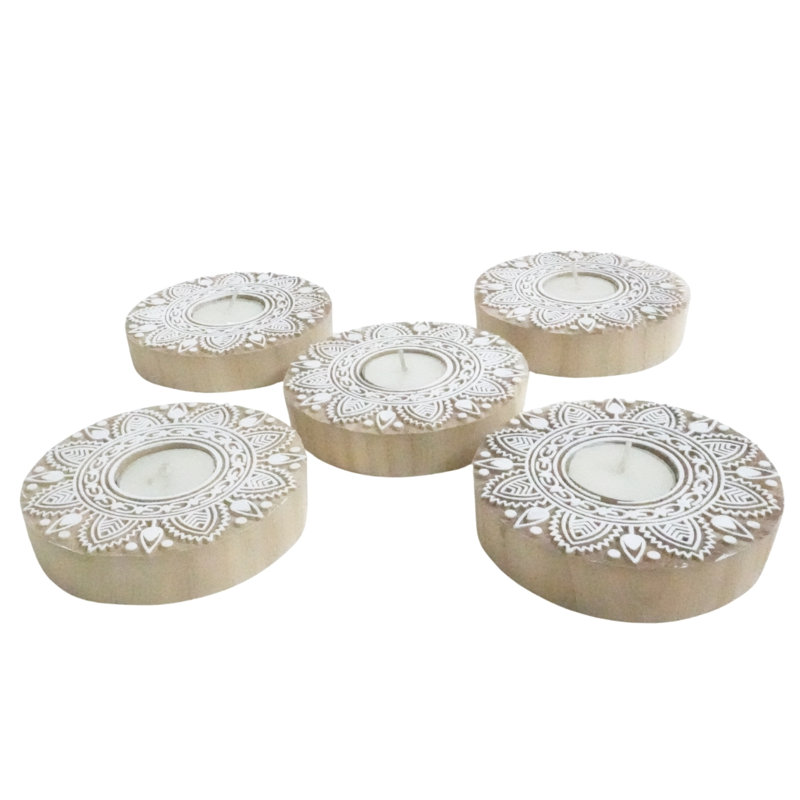  Decorative Wooden Candle Holder Handmade Rustic Block with Warm Wood Stain-(Pack Of-5), 5