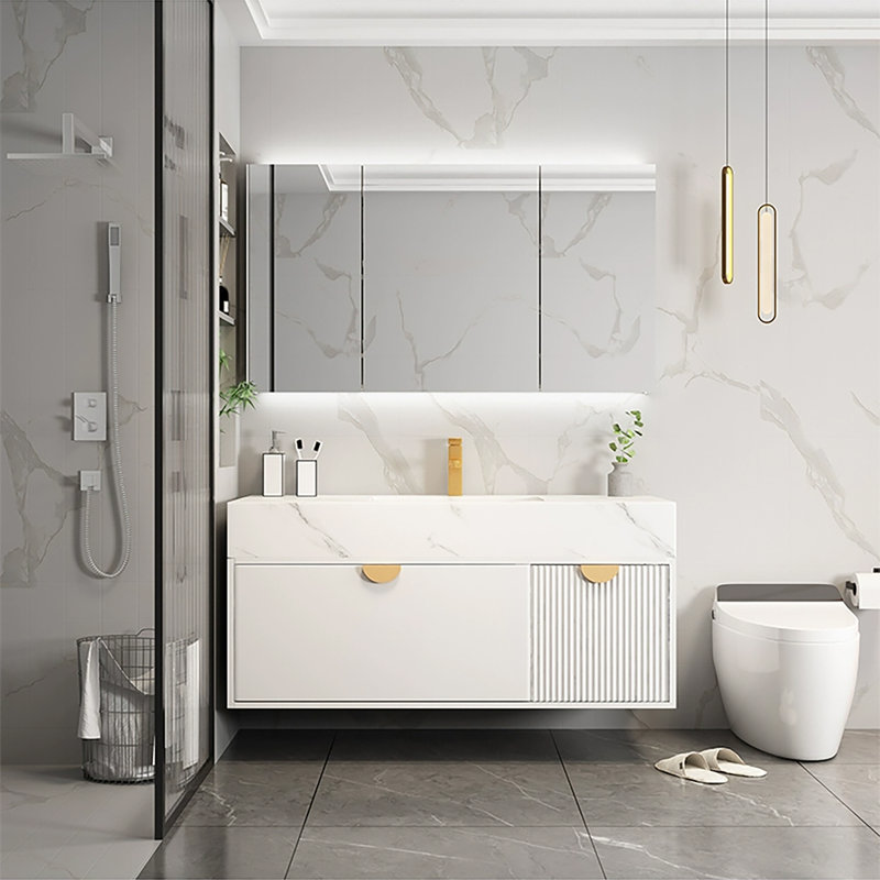 Meuble-lavabo simple flottant moderne de 36 po avec plateau en pierre blanc brillant et lavabo en céramique mural, White