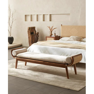 Banc vintage rétro en bois massif et rotin pour salon et chambre.