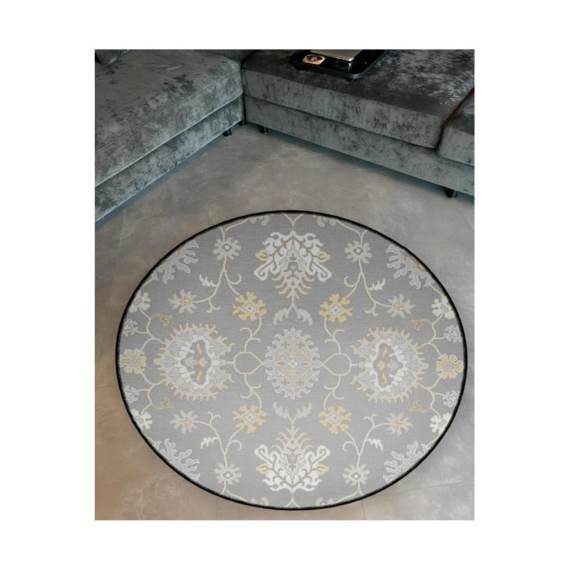 Gray Themed Motif Floral Patterned Round Woven Base Vintage Decorative Carpet, Round 5'