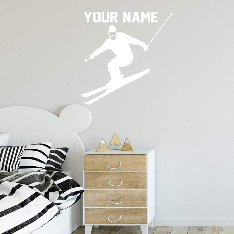 Décalcomanie murale de ski Trinx avec nom personnalisé - CS47, H 18,5 po x l 18 po, Blanc