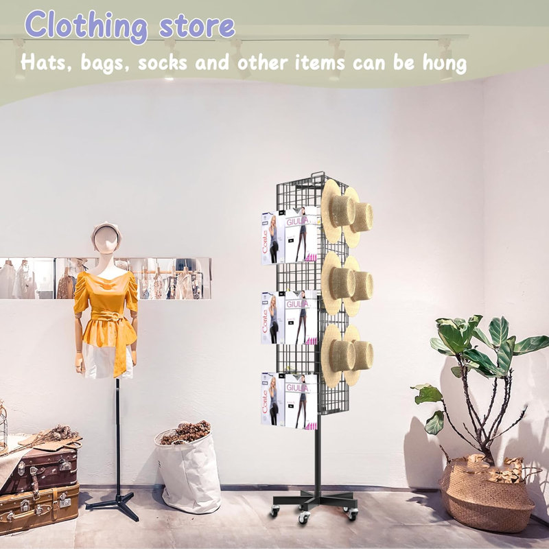 Grid Wall Panels Display Stand - 16”*63.3” Triangular Display Racks with 30 Hooks for Vendor Events , 360° Rotating Art Display Panels Heavy Duty Floor Standing Movable Retail Display Organization