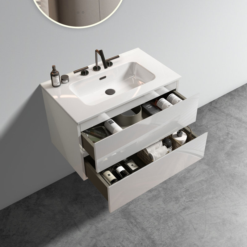 Meuble-lavabo mural 30 po avec lavabo en céramique et tiroirs à fermeture en douceur, Blanc