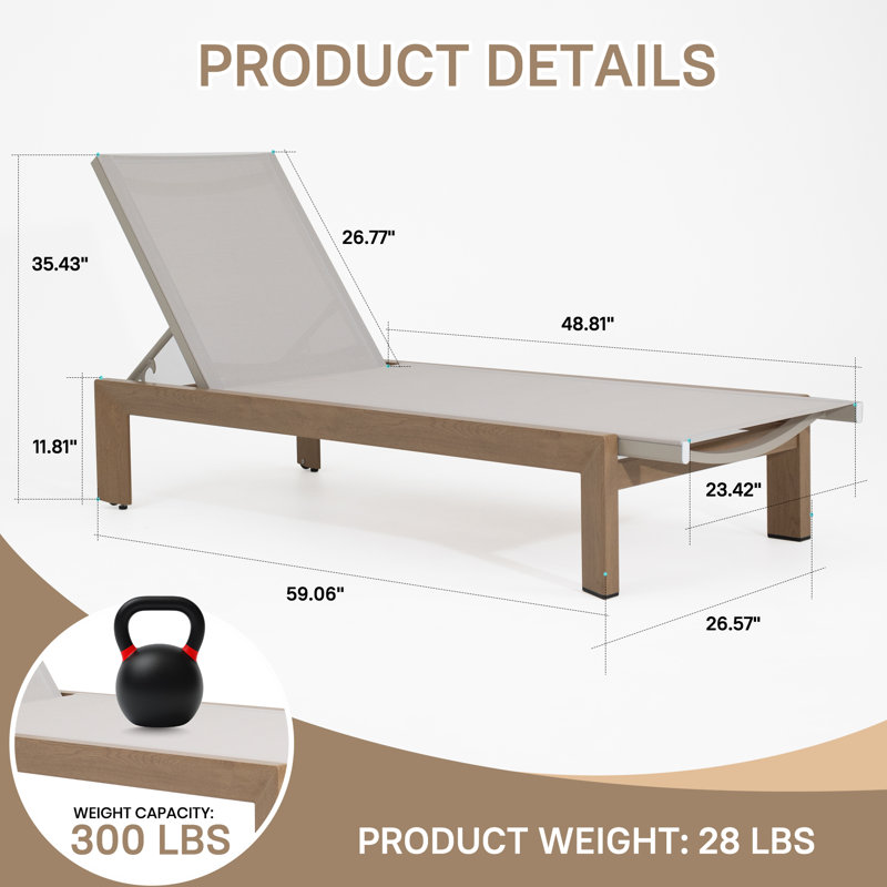 Quick-Assembly Outdoor Aluminum Chaise Lounge , Wood-Grain Veneer Chaise Lounge for Patio, Triangular Aluminum Tube Chaise Lounge