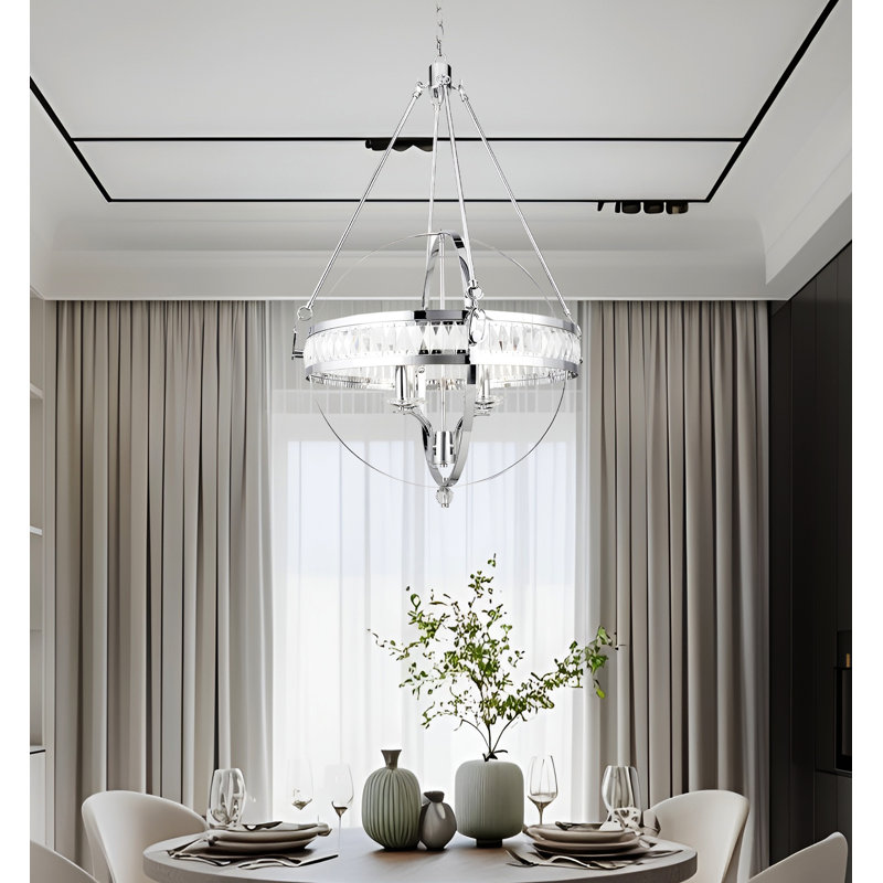 Lustre 4 lumières en bronze huilé avec prisme en cristal Glam, Chrome poli