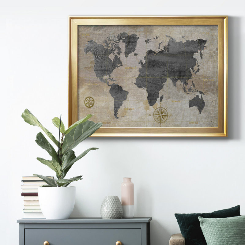 " Modelled World Map ", 26.5" H x 36.5" W x 1" D, Gold Framed