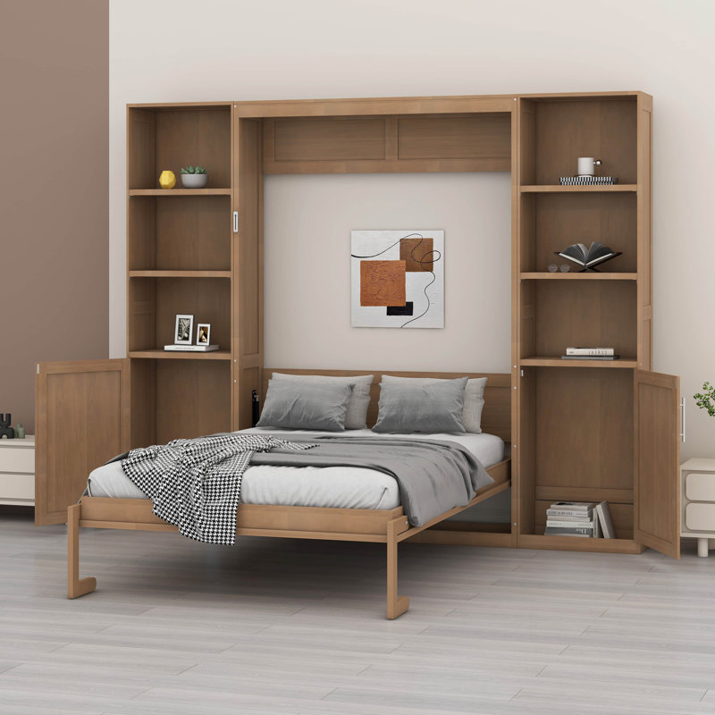 Grand lit escamotable en bois avec tablettes et armoires de rangement