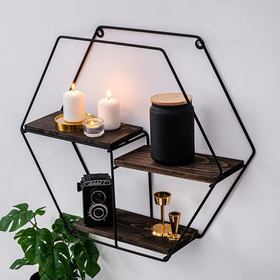 Ensemble de tablettes murales modernes (3 pièces), noir et noyer, 23,6 x 5,5 x 5,9 pouces | Structure 100% bois d'épinette et métal, épaisseur de 0,6 pouce | Rangement élégant avec une capacité de 8,8 lb, parfait pour la décoration industrielle