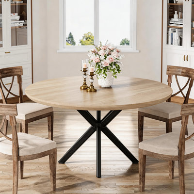 Table de salle à manger ronde avec plateau de 30 mm d'épaisseur aspect bois et pieds en métal noir, table de cuisine moderne pour 4 personnes