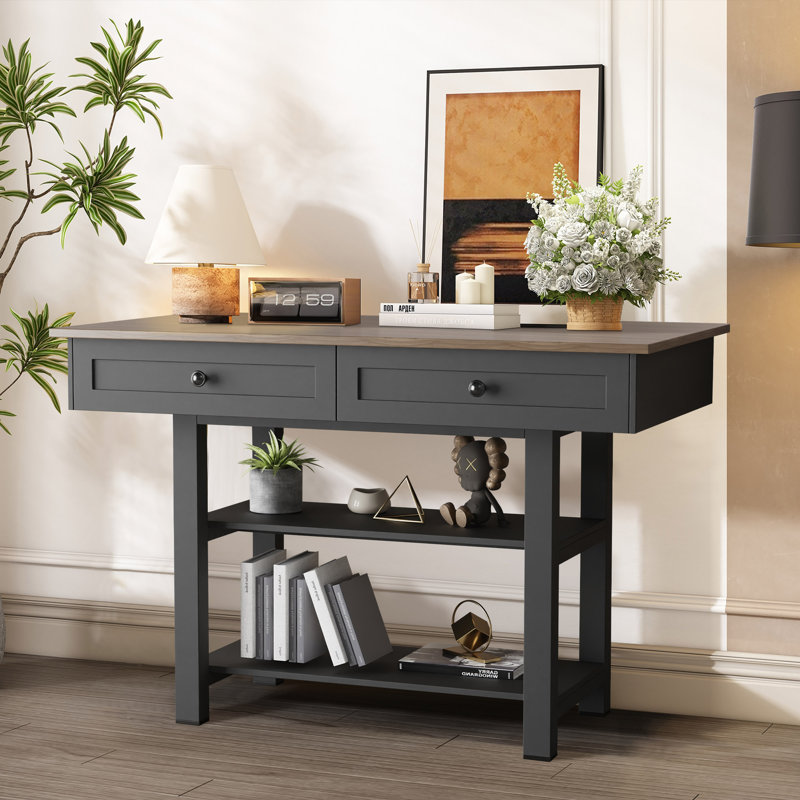 Elysium 52" Wood Console Table With Large Drawers And Open Shelves, Convertible Multi-Function Dining Table, Black